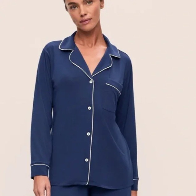 Eberjey Gisele Tencel Modal Long Sleeve Lounge Pajama Top Navy Contrast Trim M